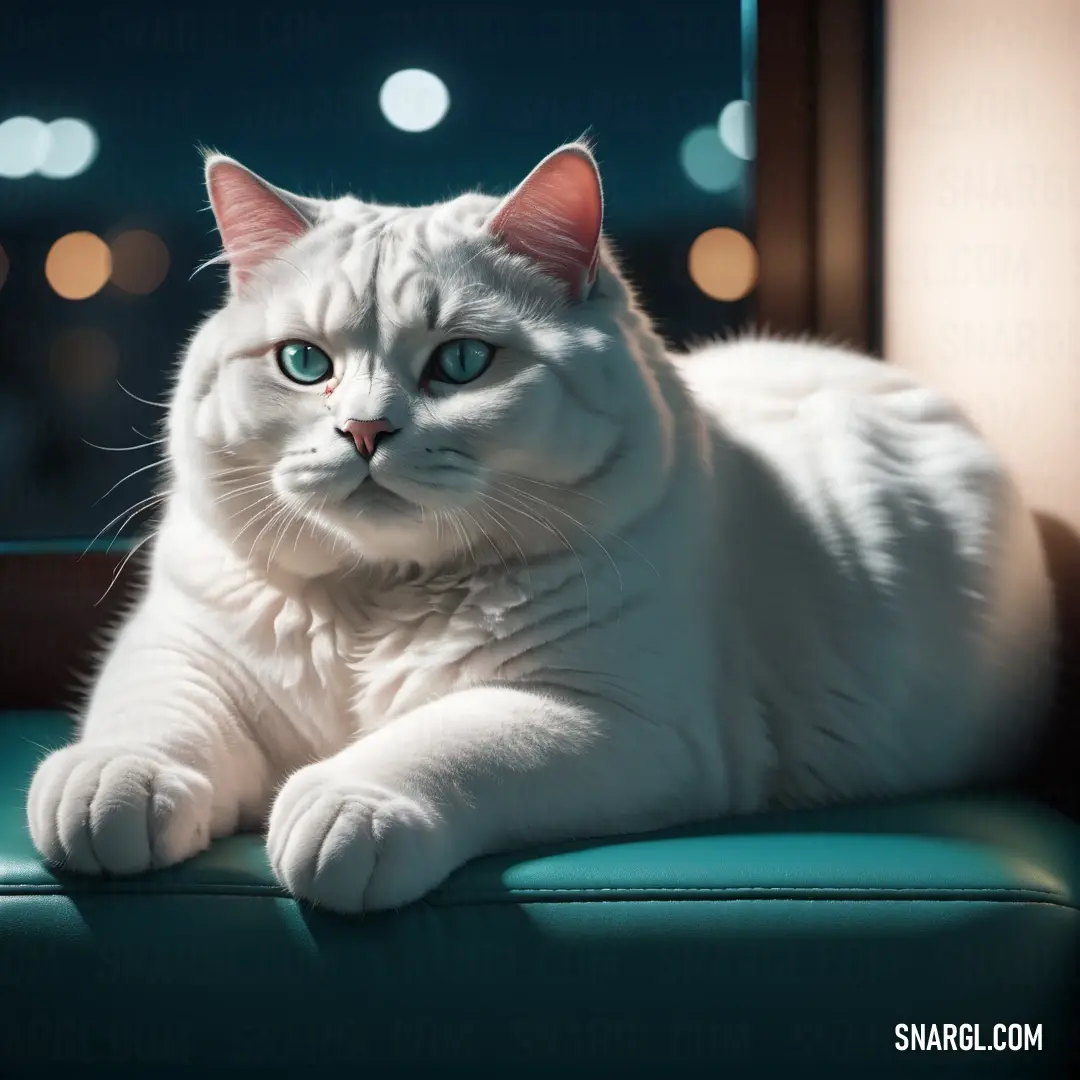 White cat with blue eyes laying on a blue couch in front of a window at night time with lights on. Color #B2BEB5.