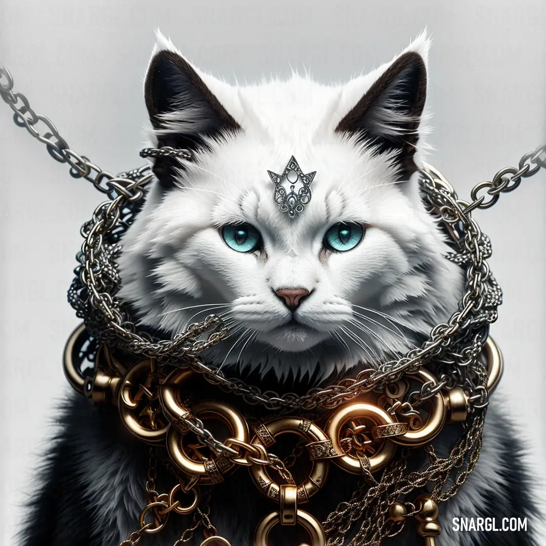 White cat with blue eyes and a chain around its neck is wearing a crown