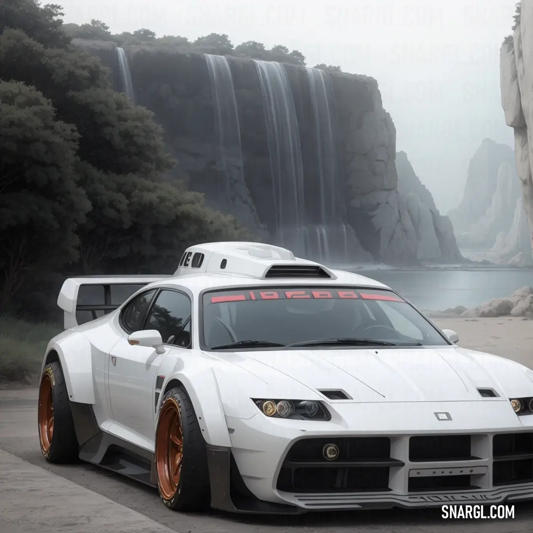 White sports car parked in front of a waterfall in the foggy day time with a red stripe on the front