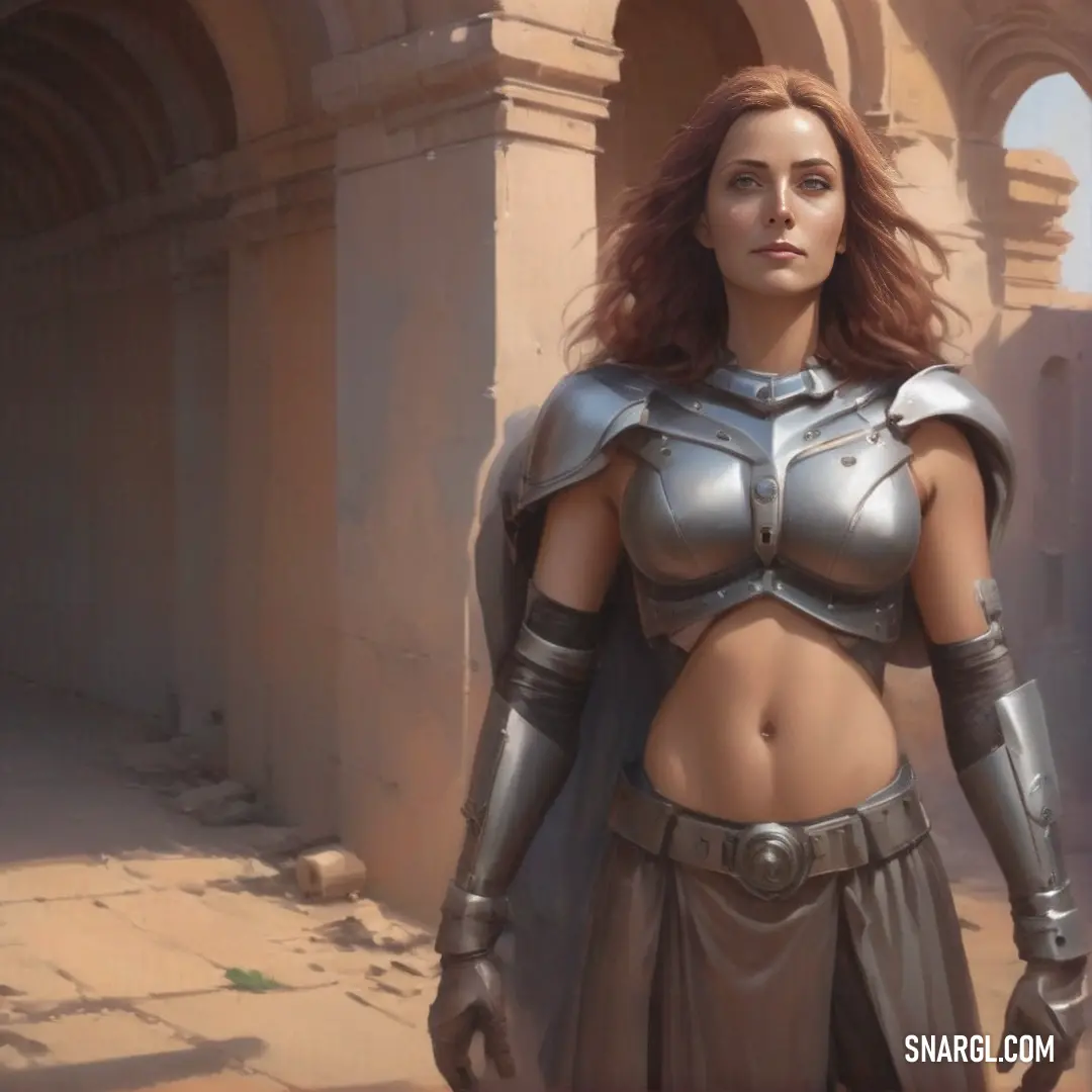 Ash grey color example: Woman in a armor and a helmet standing in front of a building with arches