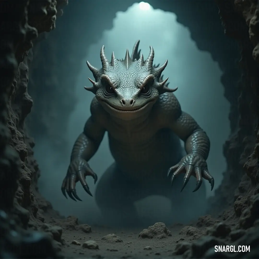 A large lizard stands in a dark cave, its eyes locked in focus as it stretches its arms, preparing for something unknown in the eerie stillness. A large, imposing lizard stands in a dimly lit cave, its piercing eyes wide open and hands spread out, as if ready to face whatever lies ahead.