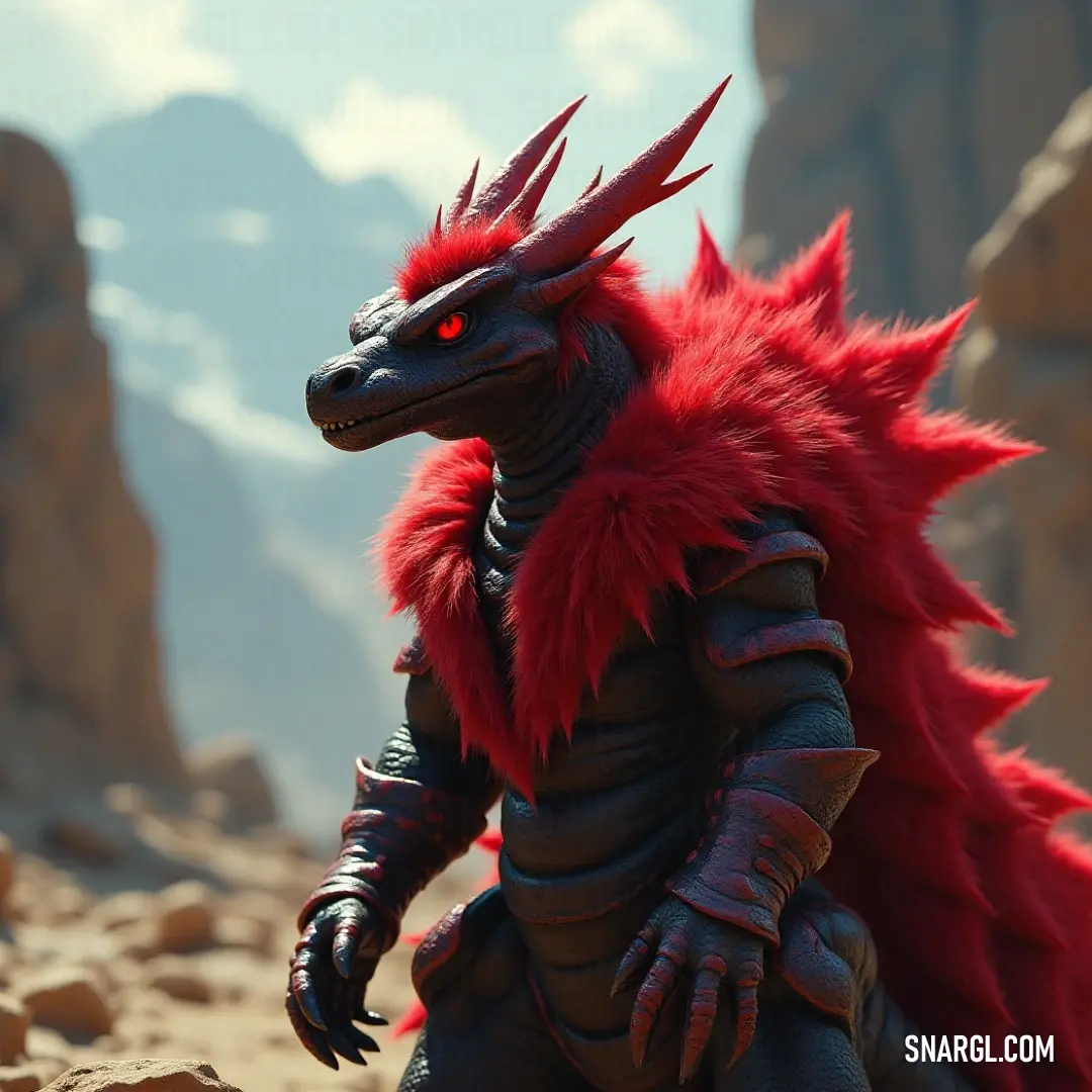 Majestic Red Ash Wyrm statue immerses onlookers in a breathtaking rocky setting with mountains soaring in the distance. The striking Red Ash Wyrm statue looms in an intriguing rocky landscape, framed by majestic mountains that rise dramatically in the background, exuding a sense of ancient mystery.