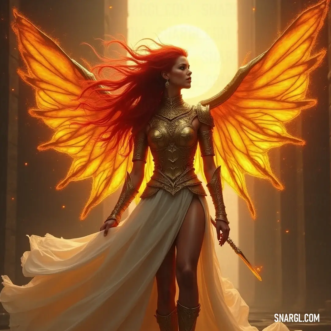 A celestial figure in a shimmering golden outfit, complete with wings and a sword, stands proudly, embodying both elegance and power in an enchanting setting. Draped in an exquisite golden outfit adorned with wings, a woman stands confidently, her sword held firmly in hand, radiating a celestial aura in a mystical realm.