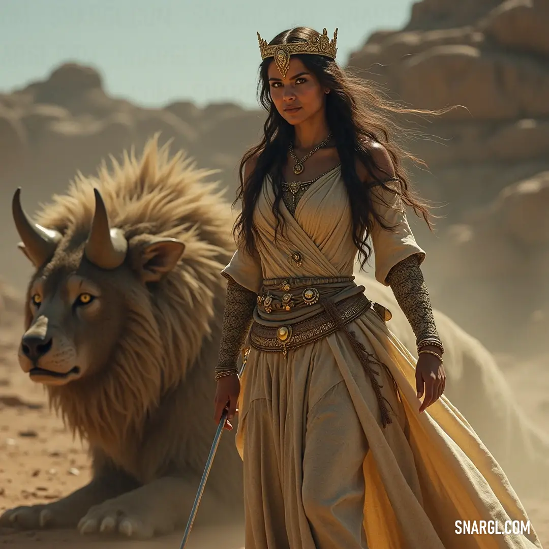 A fearless woman in a striking costume poses beside a noble lion in a sunlit desert, showcasing a bond that transcends the wild and the human spirit. A daring woman in a vibrant costume stands confidently beside a majestic lion, her sword gleaming under the sun in a sandy desert, creating a powerful bond with the wild.