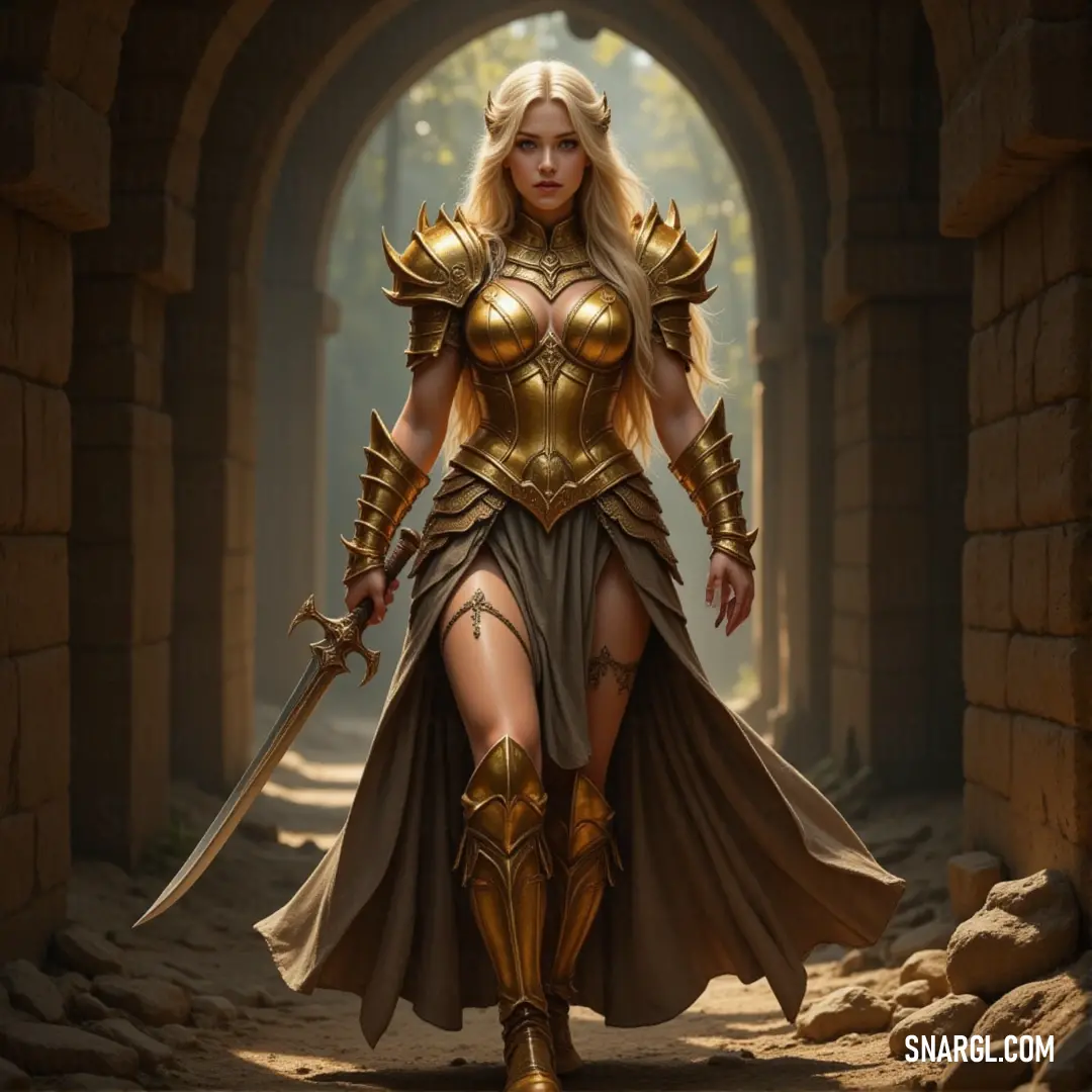 A warrior dressed in golden armor, with a sword at her side, walks down a narrow path in an ancient stone tunnel. The stone walls rise on either side, creating a sense of mystery as she ventures deeper into the unknown.