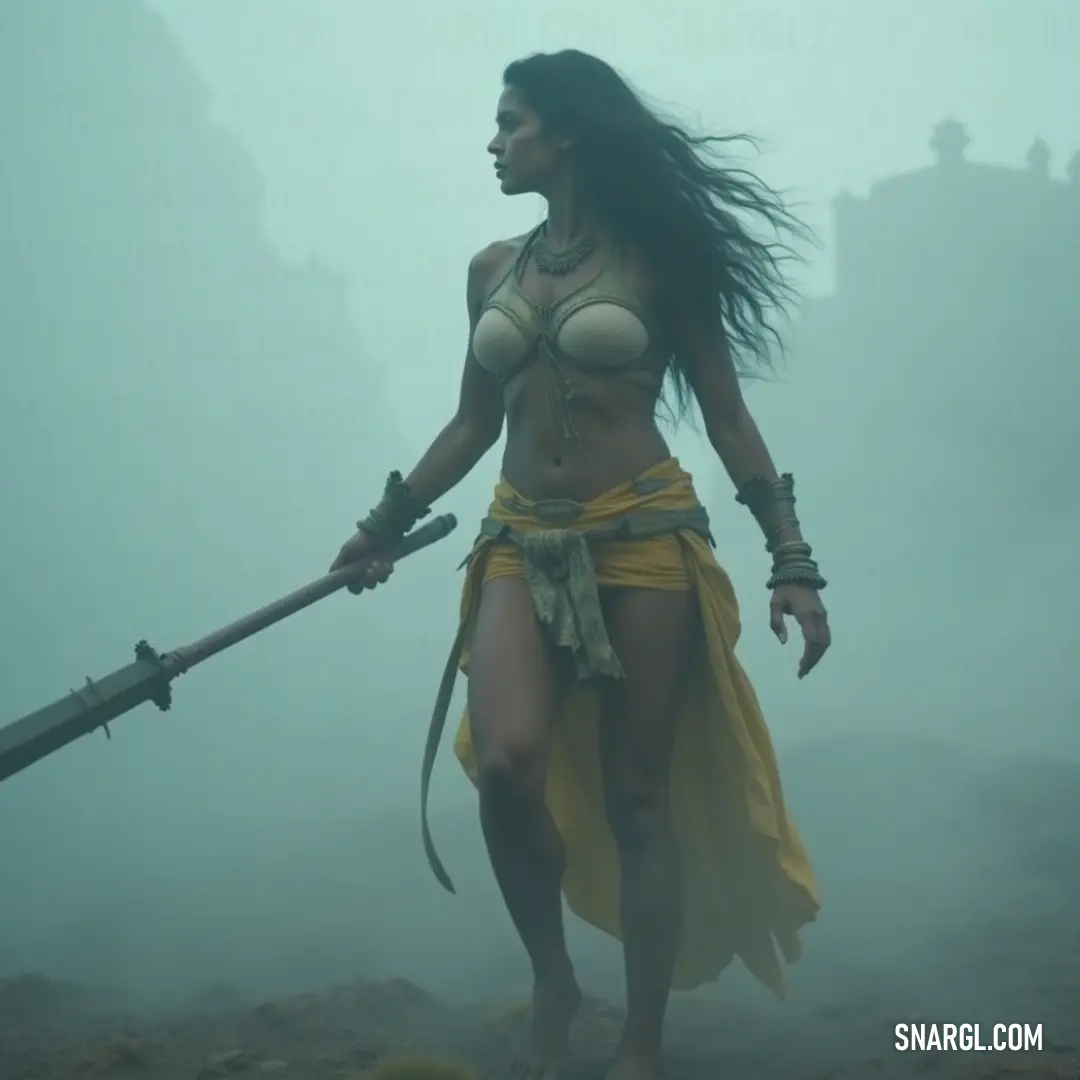 A warrior in a striking bikini confidently holds a sword against a mysterious foggy sky, with a haunting castle silhouette in the background, promising untold adventures. A fierce woman clad in a striking bikini, brandishing a sword with confidence, stands against a foggy sky, with an ancient castle looming in the background, exuding an air of magic and danger.