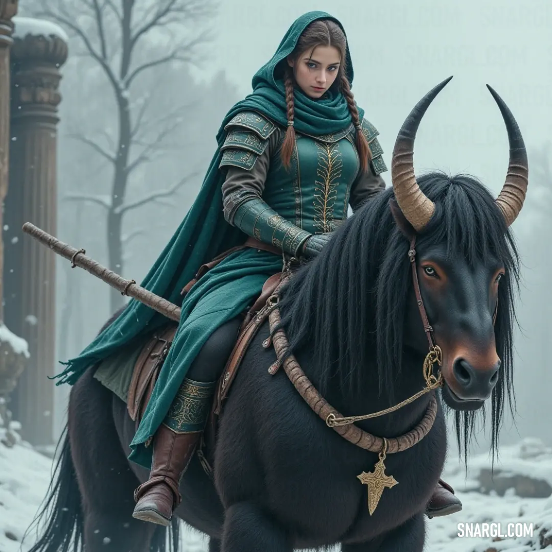 An enchanting rider in a green gown on a black horse with stunning horns navigating through a wintry landscape. An ethereal figure clad in a flowing emerald gown gracefully rides a majestic black steed, its illuminated horns resembling natural crowns, as they traverse a snowy landscape blanketed in pure white.