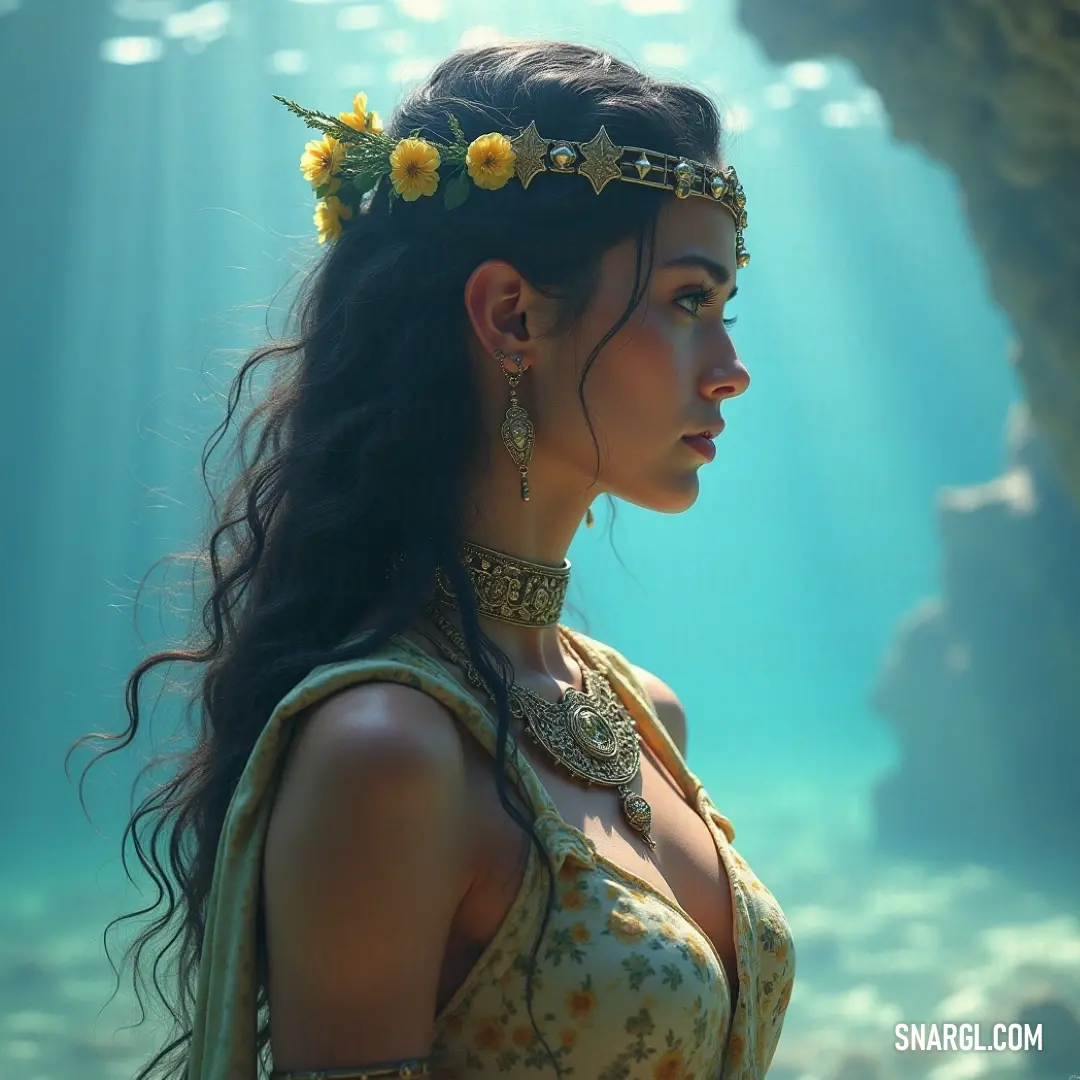 An enchanting underwater scene with a figure wearing a floral crown, surrounded by sunlight, colorful fish, and lush underwater flora. A serene underwater landscape featuring a figure adorned with a delicate flower crown, sunlight filtering through the water, illuminating vibrant aquatic plants and shimmering fish swimming gracefully around them.
