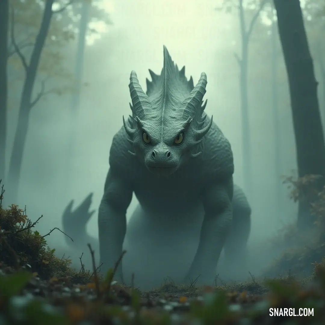 The Ashen Basilisk moves slowly through a foggy forest, its large, imposing figure barely visible as the mist shrouds the surroundings, adding an eerie atmosphere. A large Ashen Basilisk trudges through a misty, fog-covered forest, its towering form cutting through the trees. The dense fog creates an air of mystery, and the creature seems almost ghostly.