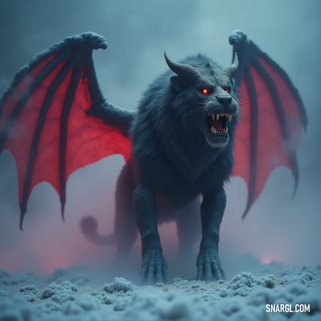 Frightening Ashen Manticore with glowing eyes and demonic appearance ruling the misty skies A fearsome Ashen Manticore with fiery red demonic features surprises the viewer with its fierce glowing eyes. Set against a formidable fog, its striking form invokes a sense of power and mystery, a true embodiment of guardianship over its domain.