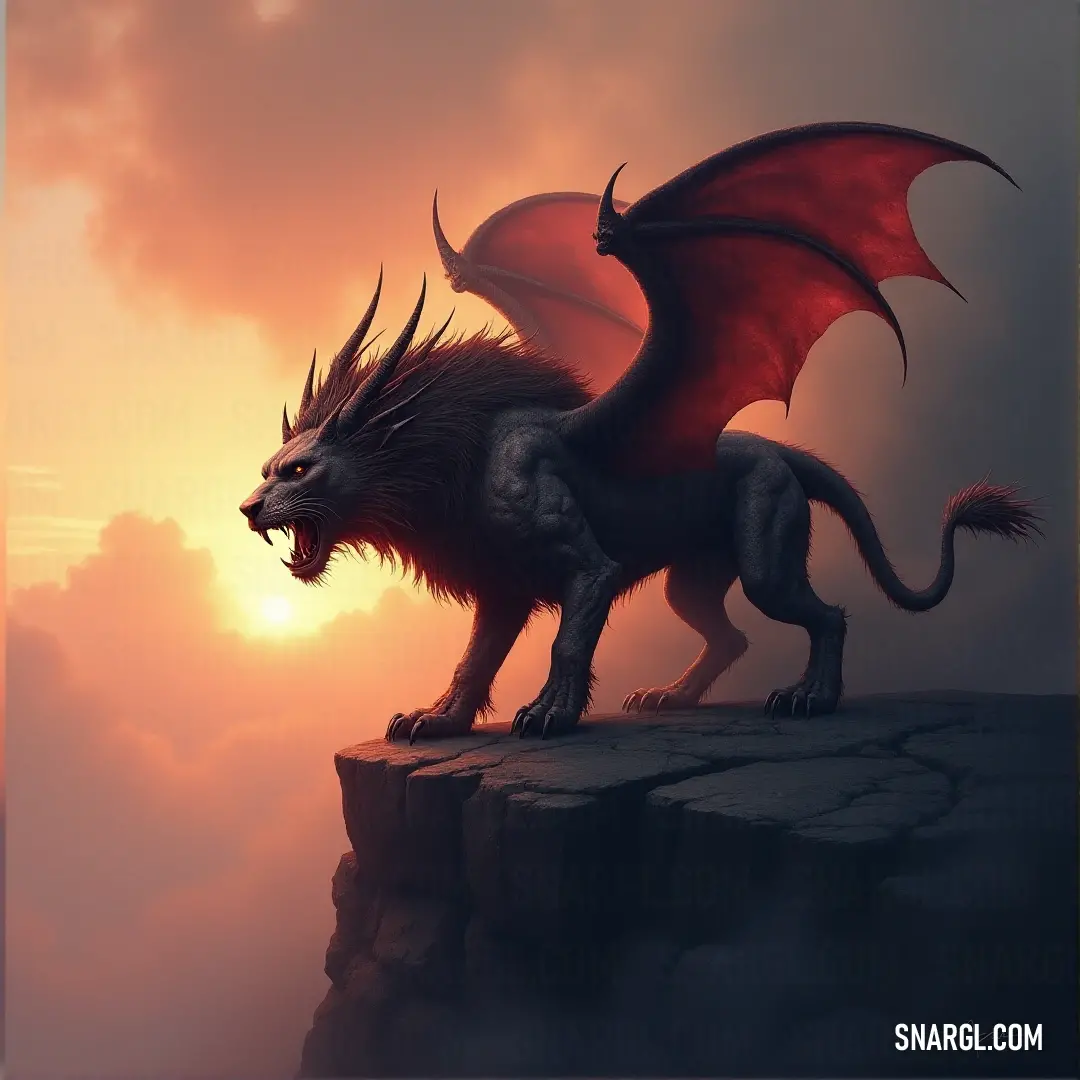 The silhouette of an Ashen Manticore stands boldly on a cliff's edge, bathed in the golden light of the setting sun. The clouds behind it swirl in vibrant hues, casting a dramatic backdrop as the creature watches over the land.