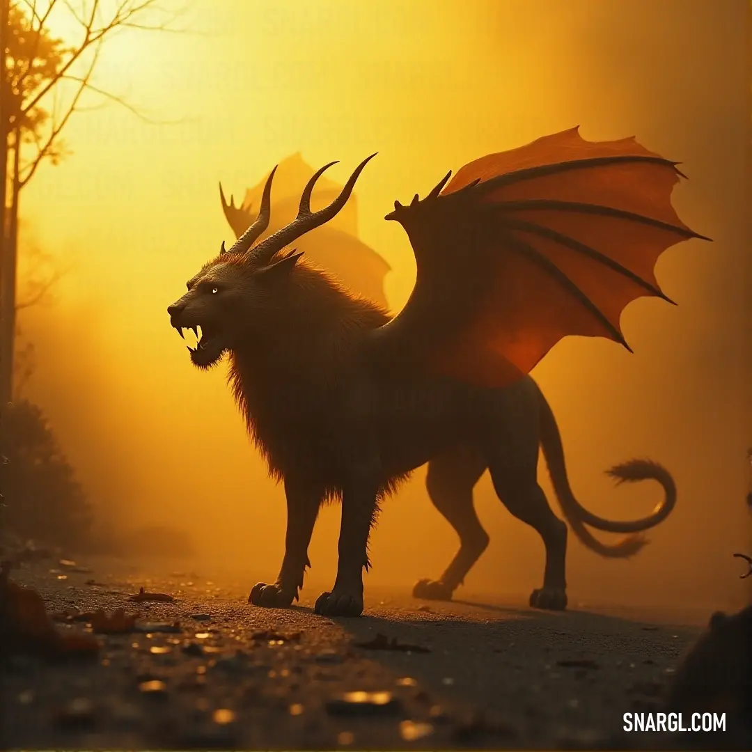 An Ashen Manticore stands in a misty, fog-covered landscape, its wings outstretched as it lets out a powerful roar. The fog swirls around its muscular form, creating an eerie, mysterious atmosphere as it announces its dominance.