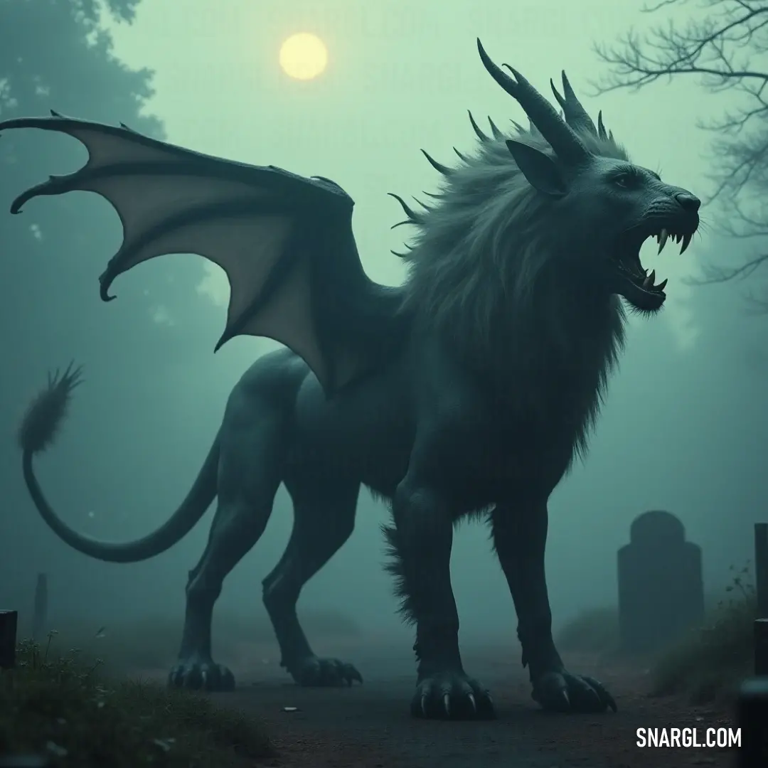 A towering ashen manticore, with fur-covered legs and broad wings, stands resolutely on a desolate road in a cemetery, the full moon casting an eerie glow on the silent scene.