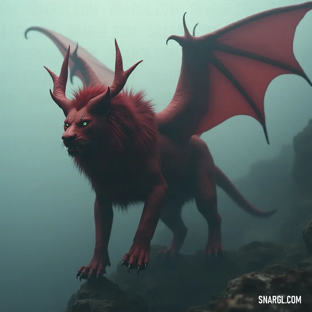 Regal Red Ashen Manticore displaying majesty with wings spread against a misty backdrop A magnificent Red Ashen Manticore stands regally on a rocky outcrop, its vibrant green eyes piercing through a foggy sky. With wings spread wide, it exudes a fierce strength, commanding respect while reaching for the heavens.