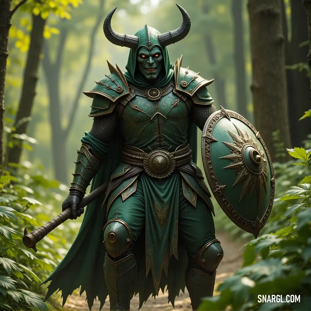A warrior in green armor stands strong in the heart of a forest, shield and sword ready for the challenges of nature’s wild terrain. A warrior dressed in green armor holds a shield and sword, standing tall in a lush forest. The vibrant foliage surrounds him, the leaves rustling gently in the breeze as the light filters through the trees.