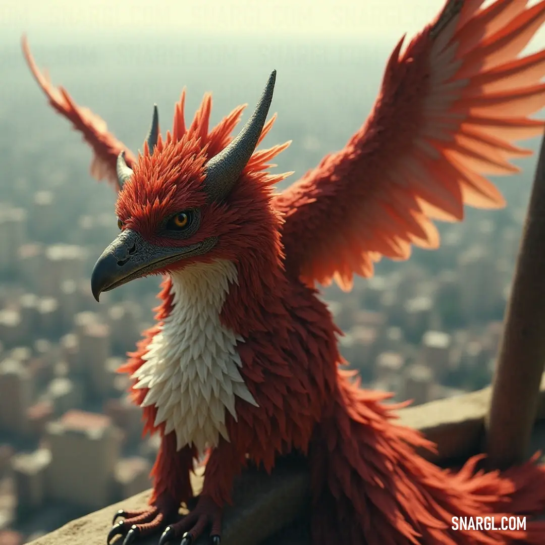 The captivating Red Ashwing, adorned with unique white and black feathers, stands poised on a ledge, contrasting its natural beauty with the bustling city below. A striking Red Ashwing with distinctive white and black feathers perches on a ledge, set against the sprawling city skyline, a remarkable blend of nature and urban life.