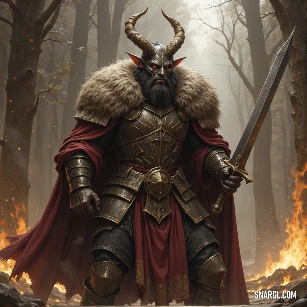 Asmodean, wearing a dark horned costume, holds a sword in the forest, with flames flickering in the distance and a demon looming menacingly behind him, creating a moment of intense drama.