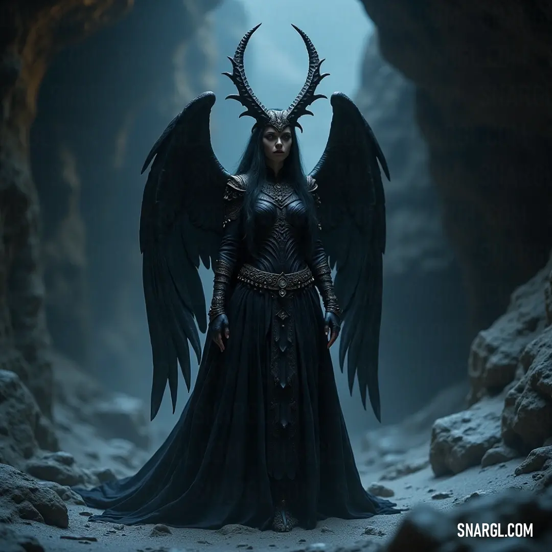 The powerful figure of a horned guardian with expansive wings, commanding attention amidst the shadows of a rocky cave. A majestic being with intricate horns and grand wings, stands confidently in a dark cave, surrounded by rugged rocks that evoke a sense of mystery and ancient power.