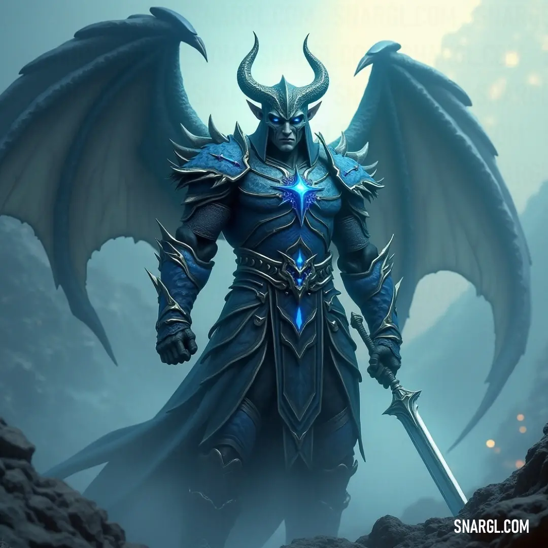 Asmodel, dressed in a dark, demon-inspired outfit, stands in a cave illuminated by a mysterious light, sword in hand, ready to face any challenge that arises.