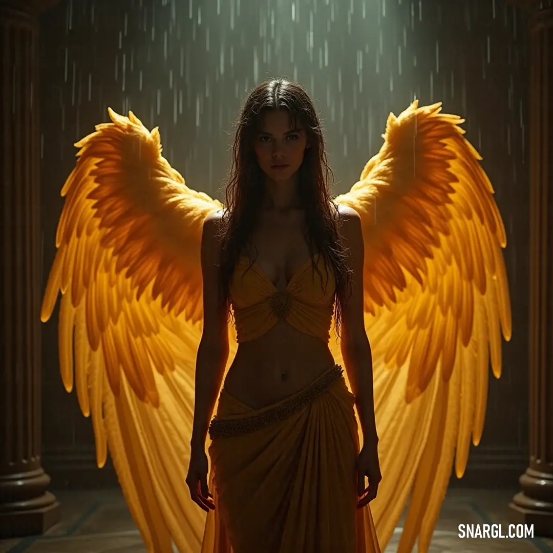 A striking figure with large yellow wings stands majestic in an ornate room with elegant columns, illuminated by soft light, while a gentle rain shower adds depth and intrigue to the scene. A striking figure with large yellow wings stands majestic in an ornate room adorned with elegant columns, while a gentle rain shower cascades in the background, creating a captivating interplay of light and shadows.