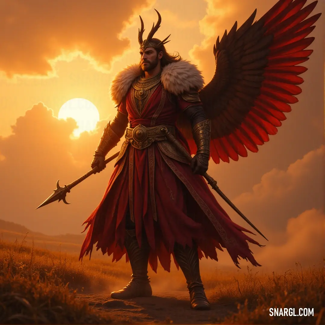 Asmodel stands in a fiery red outfit, a majestic bird perched on his shoulder, representing his bond with nature and his powerful, unwavering presence. Asmodel, dressed in a fiery red outfit, stands proudly with a massive bird perched on his shoulder. His commanding presence is matched only by the bird, a symbol of freedom and strength by his side.