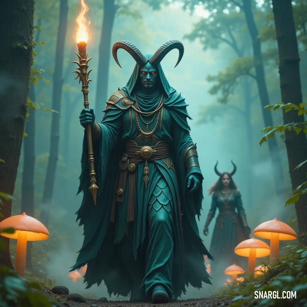A male figure holds a torch amidst a vibrant forest of mushrooms, illuminating nature's enchanting beauty. Amidst a lush forest adorned with colorful mushrooms, a male figure holds a flickering torch, illuminating the enchanting surroundings. The scene is vibrant, encapsulating a whimsical encounter with nature's wonders.
