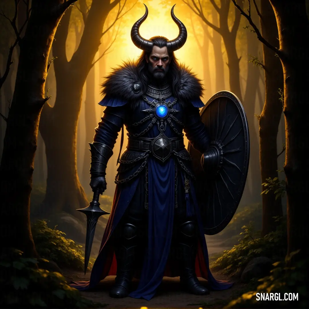 A fearsome being with horns, armed and ready, stands amidst the quiet power of a forest, where light and shadow converge. A horned figure, draped in dark robes, grips a sword with intense focus as he stands in a mystical forest, where beams of sunlight pierce through the canopy above, casting an ethereal glow upon the scene.