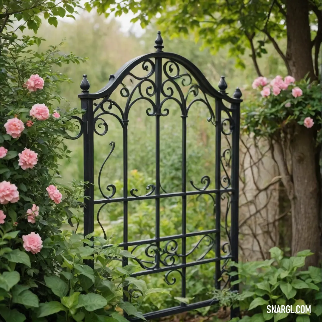 A charming garden gate surrounded by soft pink flowers, with a tree standing gracefully in the background. The colors of the scene blend harmoniously, creating a calm and inviting atmosphere.