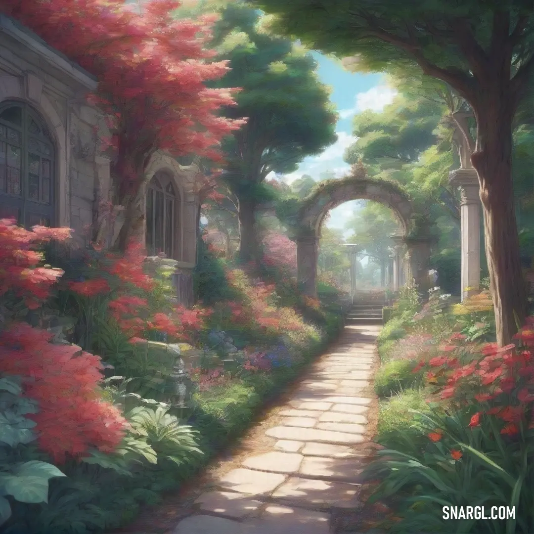 A vivid painting of a garden, with a winding pathway leading towards a building, framed by a beautiful tree with red flowers. The scene is brought to life with a mix of warm and cool tones, adding depth and vibrancy.