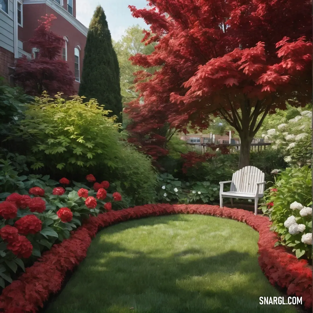 A peaceful park scene with a white bench nestled among a lush green field of flowers, surrounded by trees with red leaves. The soothing color of asparagus adds to the calm and beauty of the landscape.