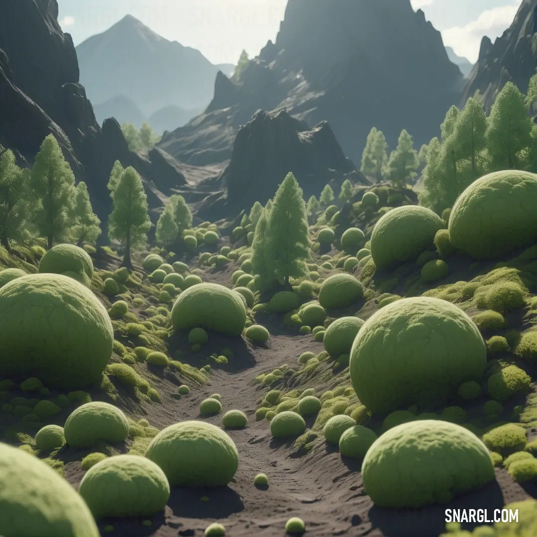 Bunch of green balls are in the middle of a field of grass and rocks. Color RGB 135,169,107.