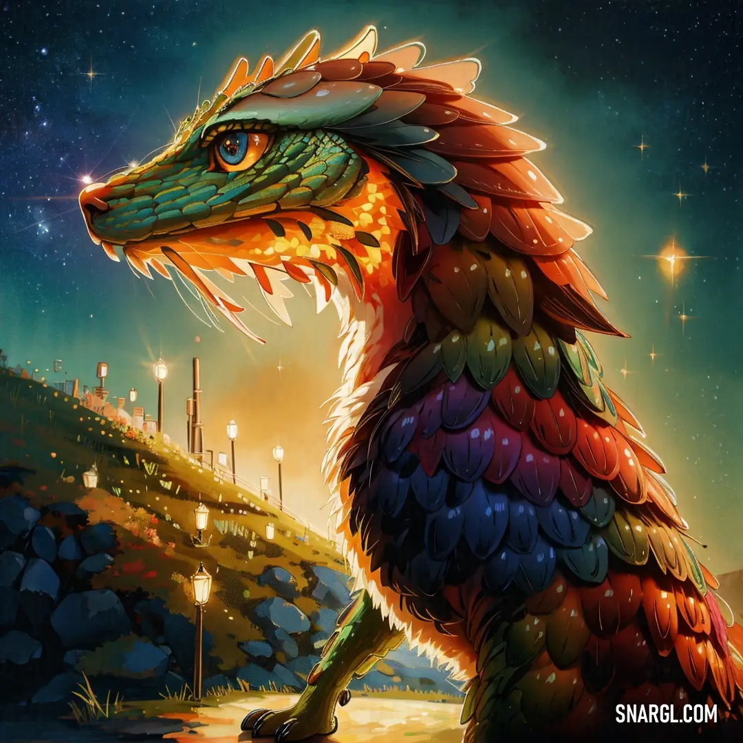 Colorful dragon on a rock in the night sky with a city in the background