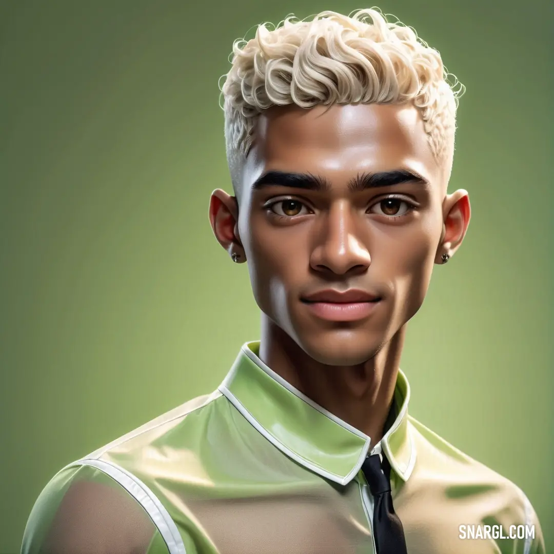 Digital painting of a man with a tie on his neck and a green shirt on his shirt and tie. Color #87A96B.