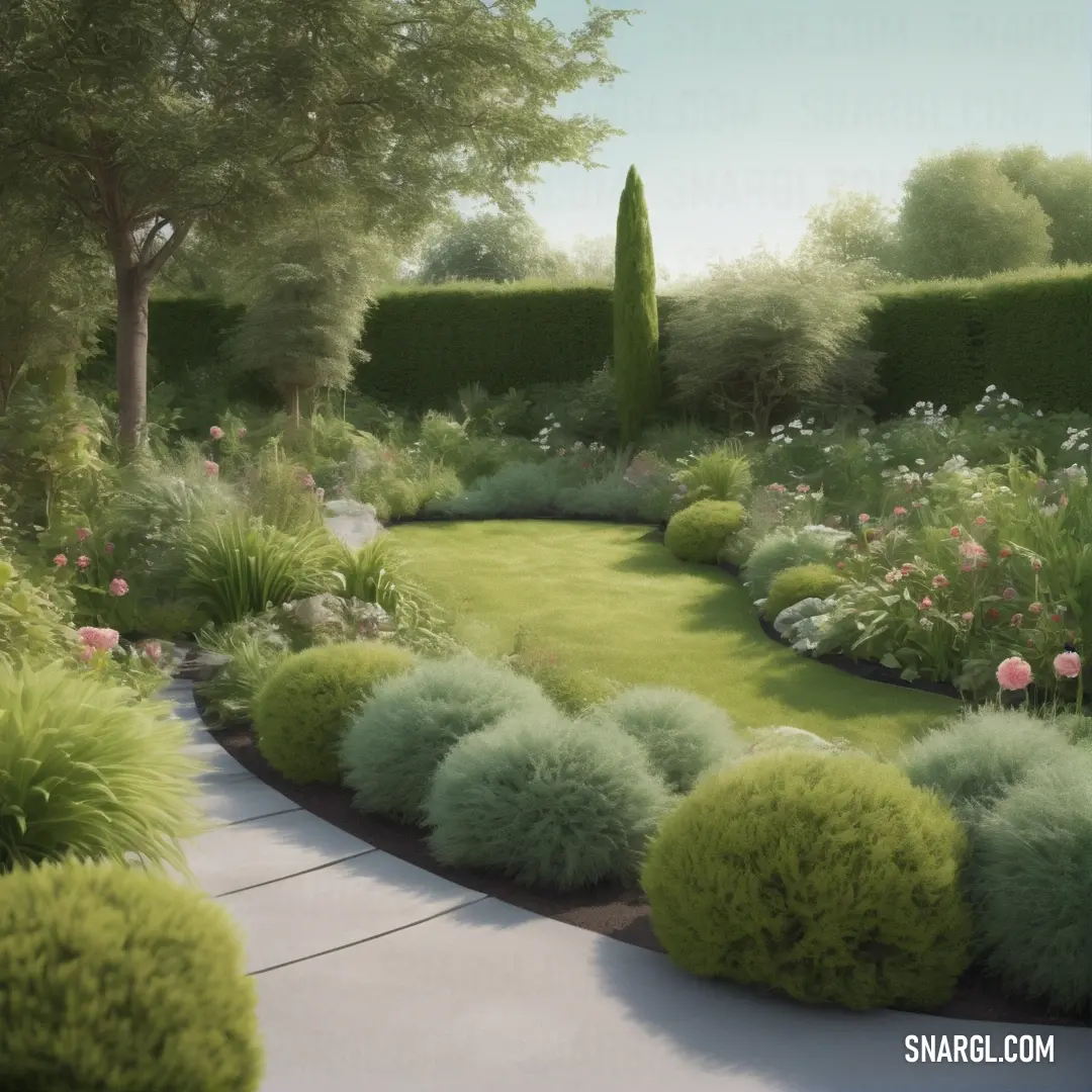 A vibrant garden with a circular lawn, surrounded by lush bushes and colorful flowers. The scene captures the perfect harmony of nature’s textures and colors, offering a peaceful escape from the ordinary.