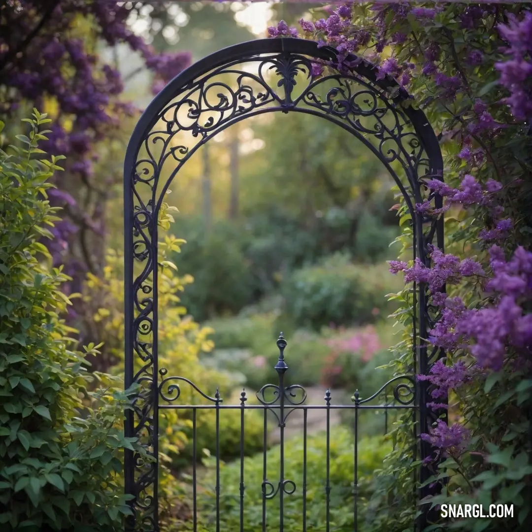 A charming garden gate surrounded by lush greenery and vibrant purple flowers, with a tranquil pathway leading through the bushes and trees. The overall atmosphere is peaceful, showcasing the beauty of nature in its Asparagus hue.