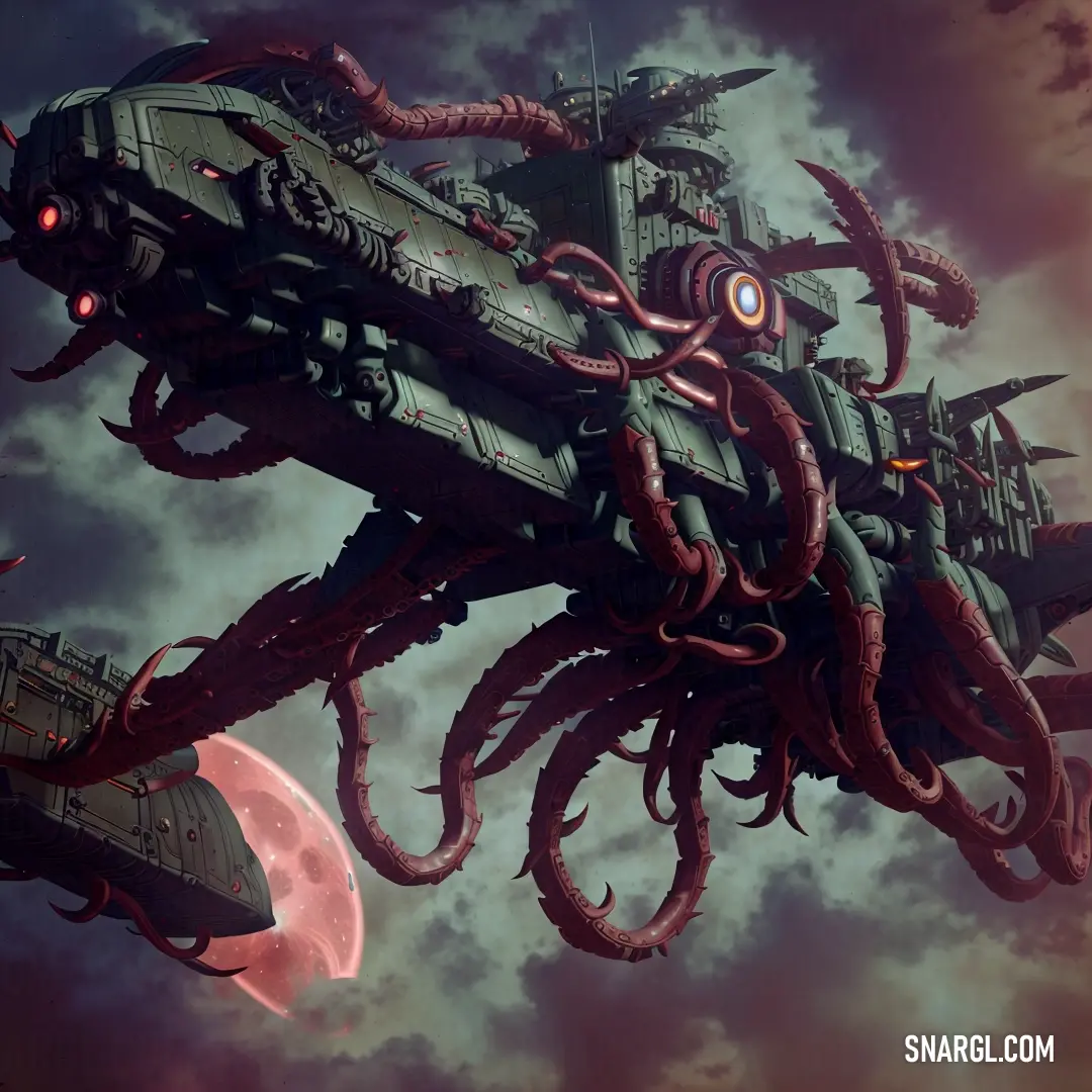 Giant octopus is flying over a ship in the sky with a giant moon in the background