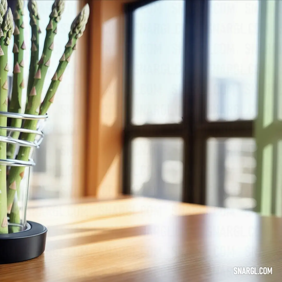 Glass vase with a bunch of green bamboo sticks in it on a table next to a window with a city view