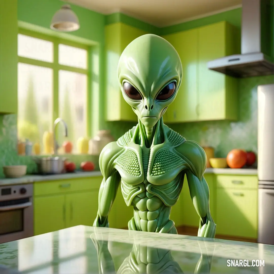 Green alien is standing at a kitchen counter top in a green kitchen with green cabinets. Example of Asparagus color.
