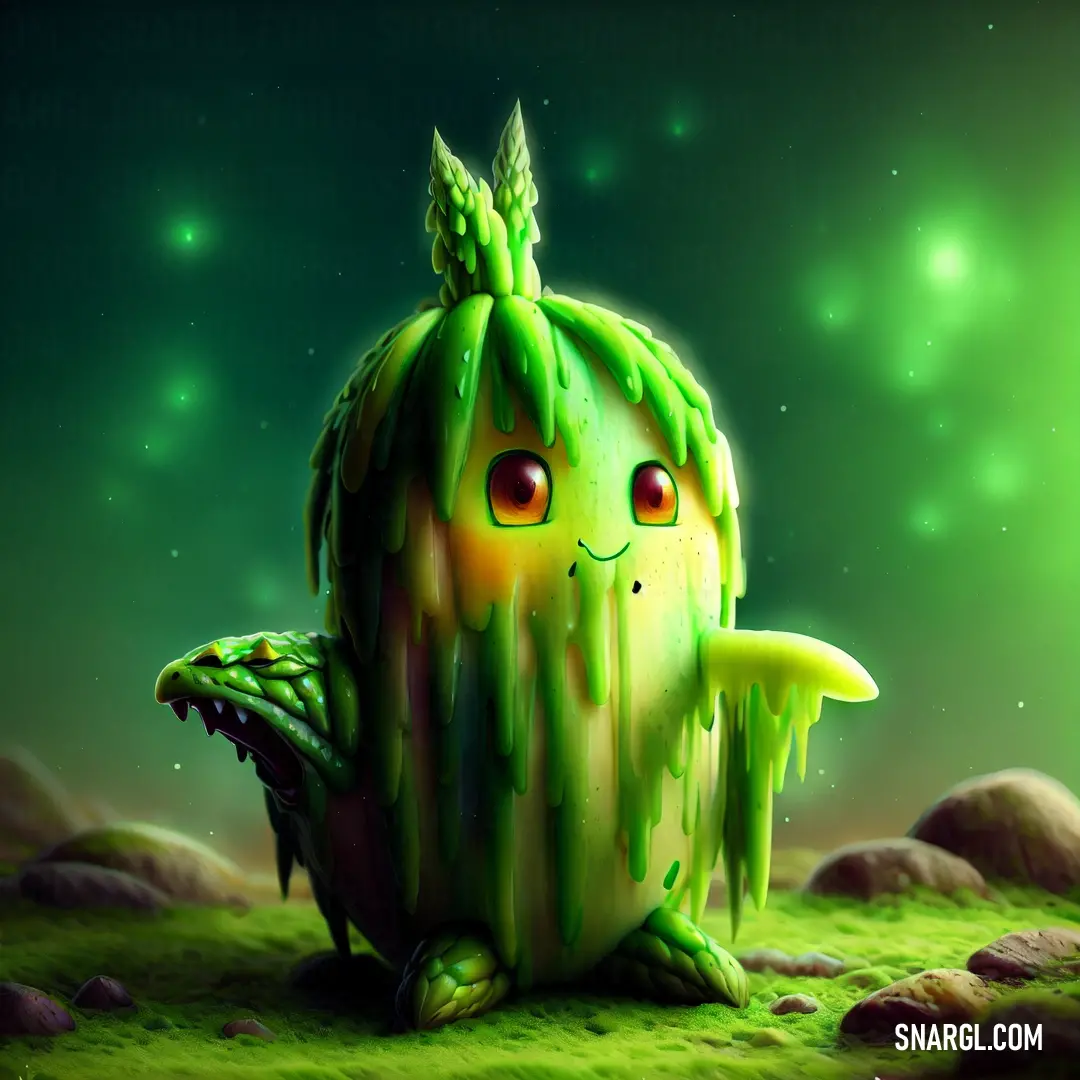 Green cactus with a face and a nose with a green background and stars in the sky above it