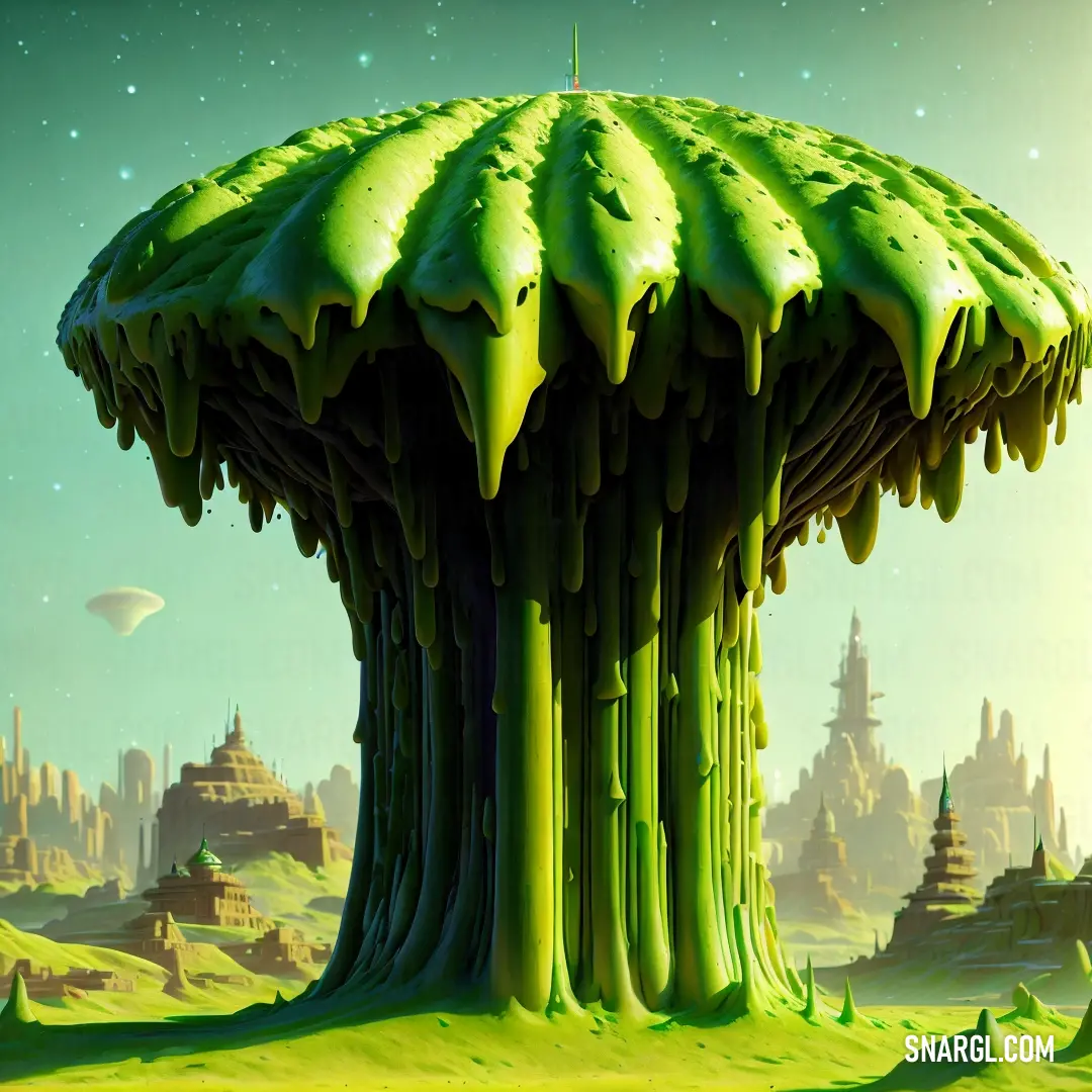 Green tree with a giant structure in the middle of it with a sky background and a distant city
