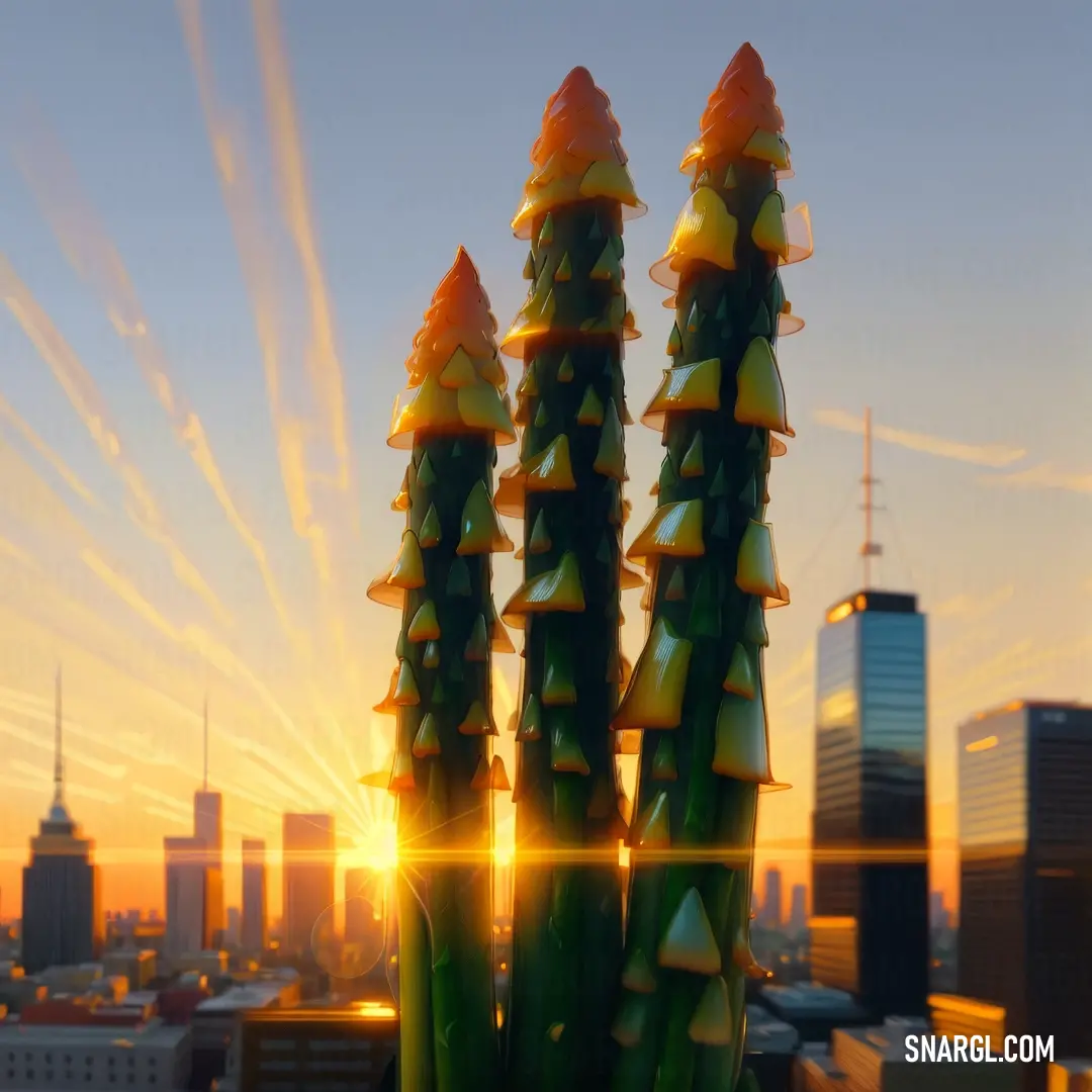 Group of tall green plants in front of a city skyline at sunset or dawn