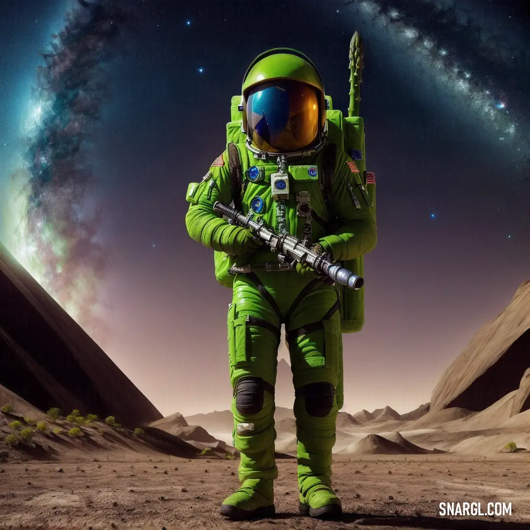 Man in a green space suit holding a rifle in front of a planet with a star in the background