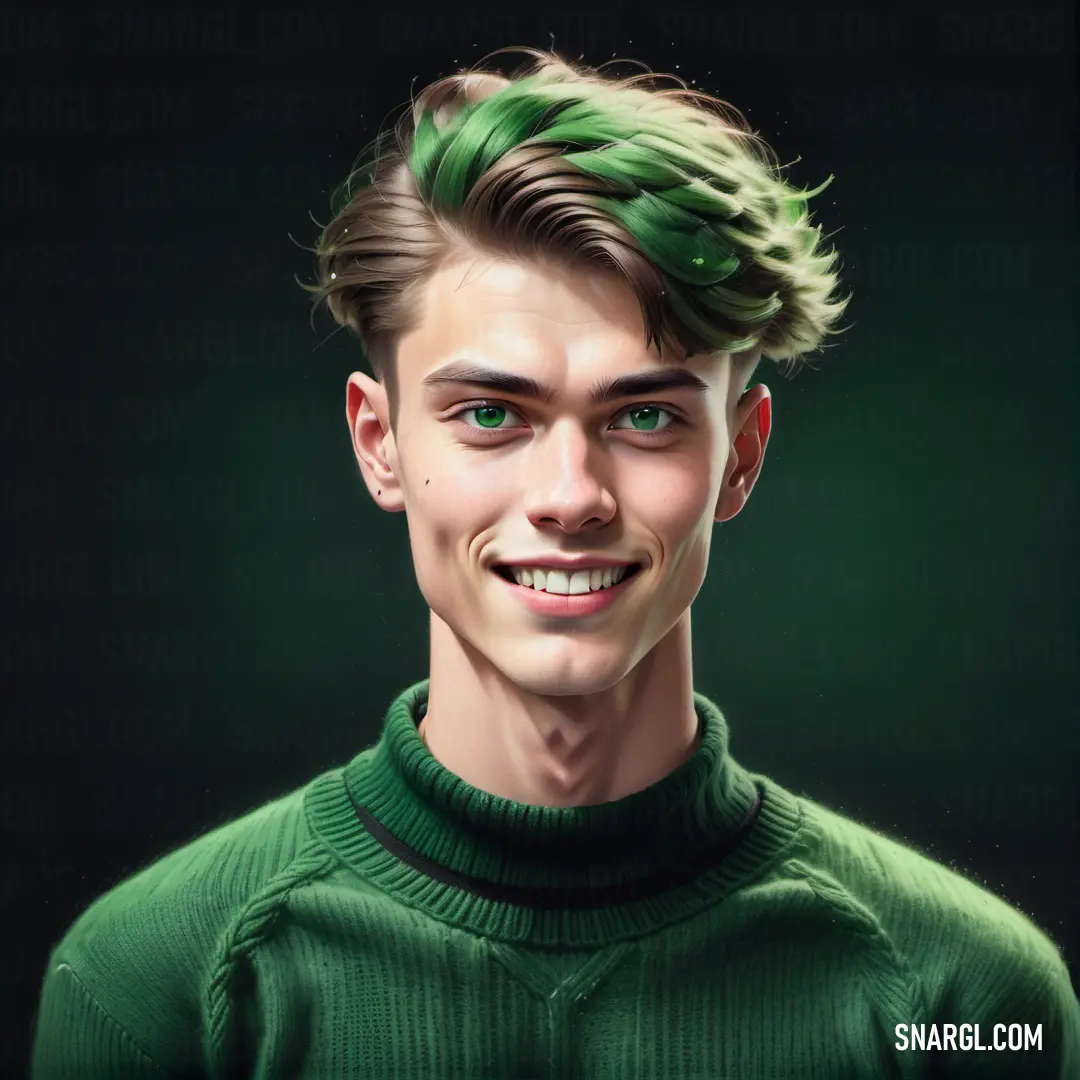 Man with green hair and a green sweater smiling at the camera with a green sweater on his shoulders. Color CMYK 20,0,37,34.