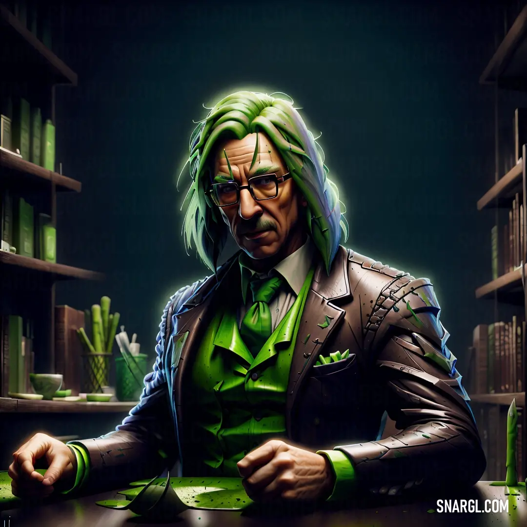 Man with green hair and glasses at a table in a library with bookshelves