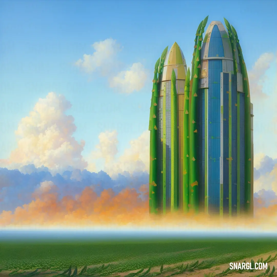 Painting of a futuristic building in a field of crops and clouds in the background is a blue sky