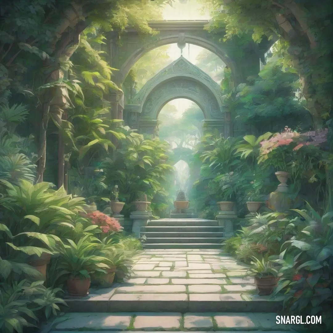 A charming painting of a garden, where a stone walkway leads to a welcoming doorway, bathed in soft light, surrounded by abundant greenery and a variety of plants that add depth and life to the scene.