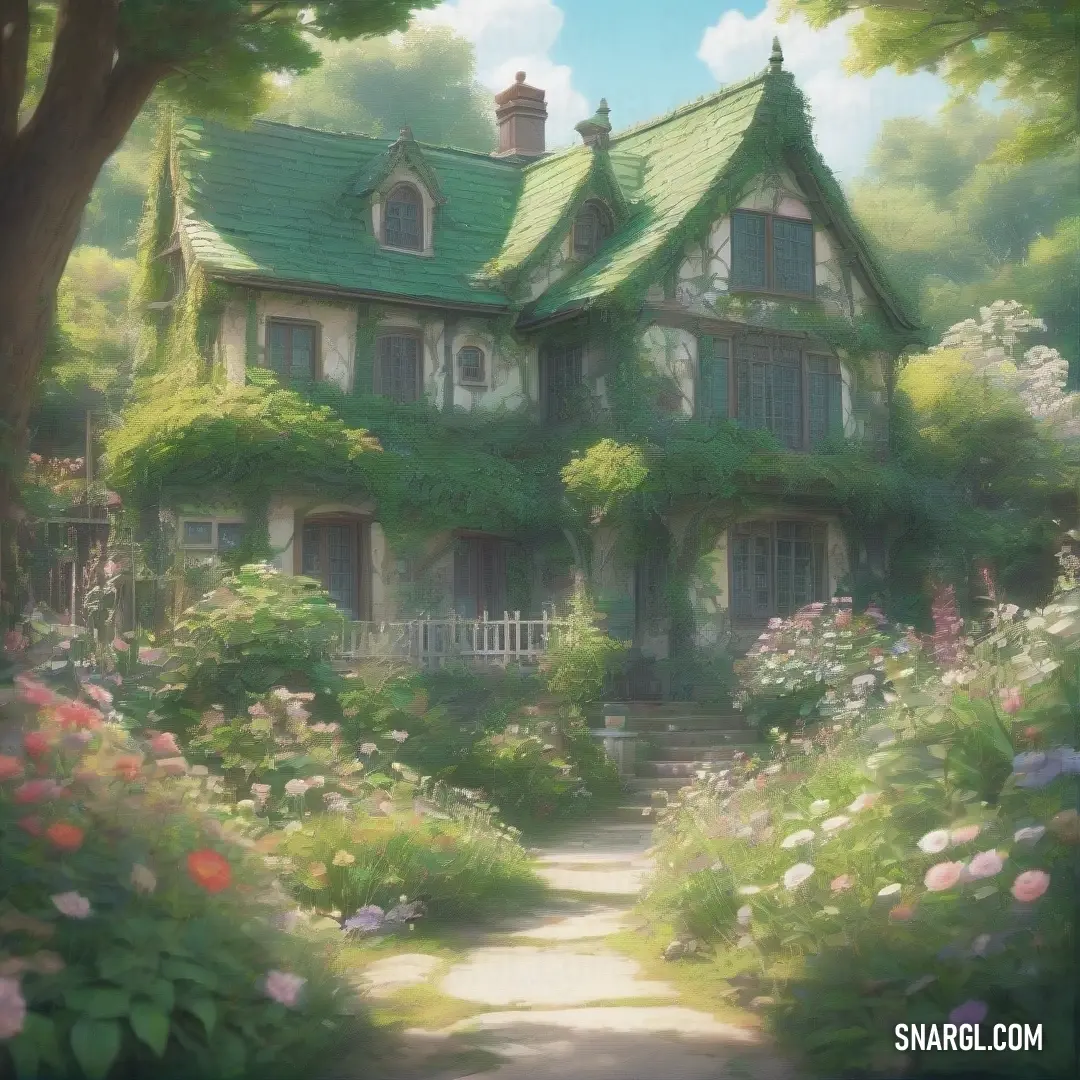 A delightful painting of a house with a green roof, set against a lush garden filled with vibrant flowers. The warm and inviting scene is enriched by the soft hues of the surrounding nature.