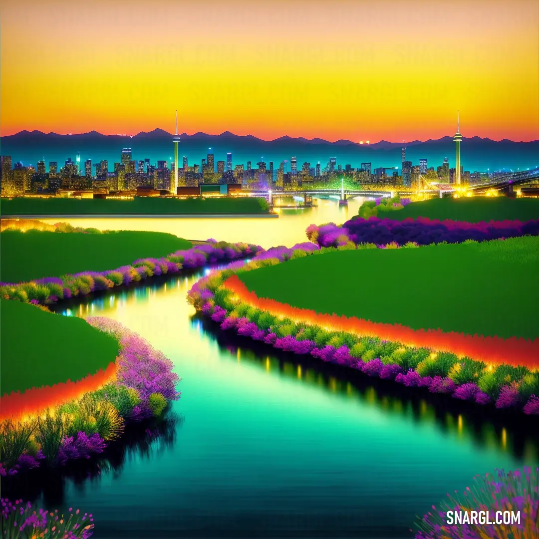 Painting of a river with a city in the background at sunset or dawn with a colorful sky and water