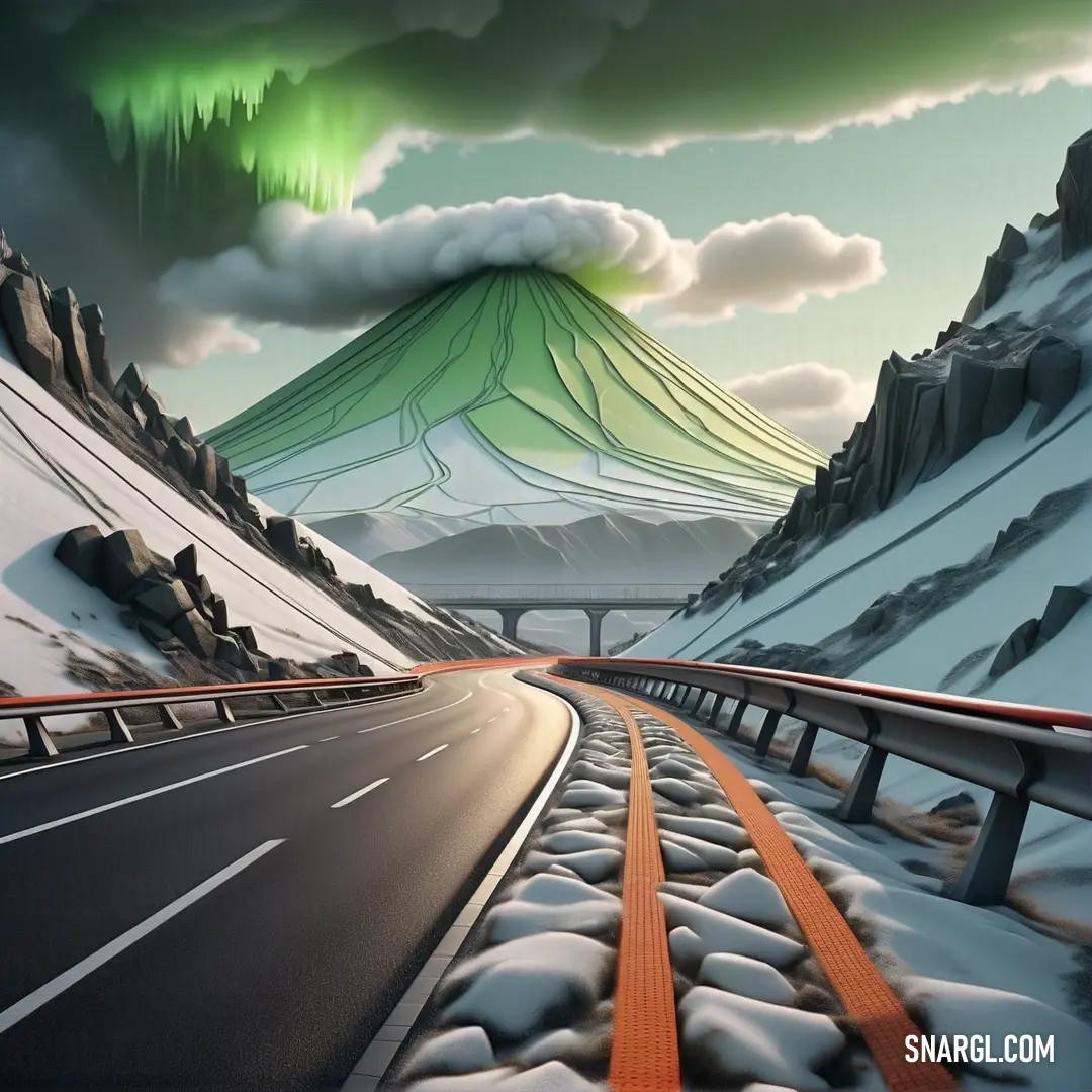 Painting of a road with a mountain in the background and a green aurora light above it in the distance. Color RGB 135,169,107.