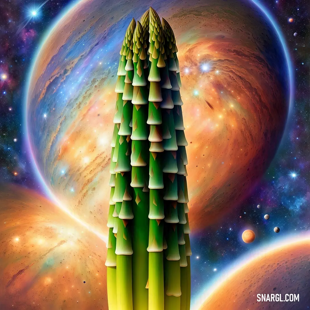 Painting of a tall cactus in front of a colorful background of planets and stars in the sky with a bright green stalk